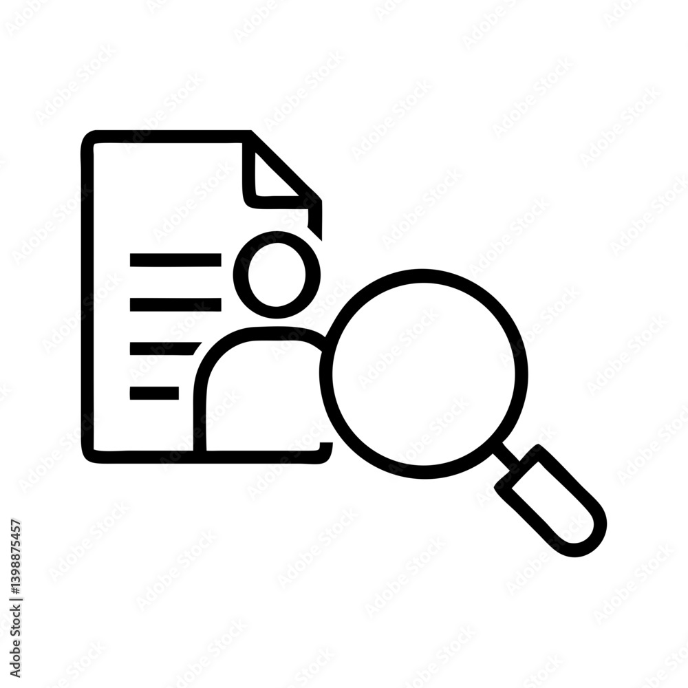 Black outline icon of magnifying glass over resume or document with user profile symbol on white background for recruitment and job search Black outline icon of magnifying glass over resume or document with user profile symbol on white background for recruitment and job search