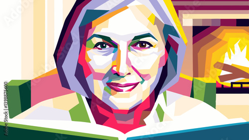  Elderly woman reading by fireplace, warm engaging portrait. Celebrated author in intimate setting. Literary icon concept for publishing houses, bookstores, libraries.