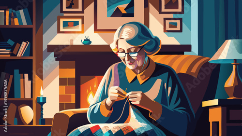 Elderly woman knits contentedly by warm fireplace, creating handmade crafts in cozy home setting. Peaceful domestic scene in autumnal colors. Concept: retirement homes, craft supplies, senior care