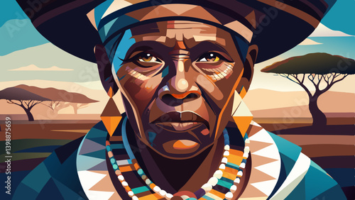 Dignified African elder zylu woman, traditional attire looks directly at camera Cultural pride shown through jewelry clothing against savanna. Powerful portrait captures wisdom.
Concept: Cu