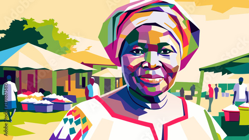 Cheerful Nigerian woman in traditional gele headwrap and dress, smiling outdoors in sunny street setting. Ideal for cultural identity content, diversity branding, or community celebration campaigns. 