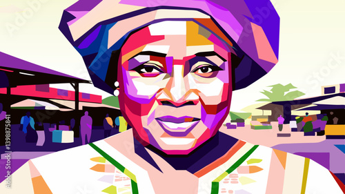 African elderly woman in headscarf looking at camera. Vibrant market scene celebrating cultural commerce community. Urban African life concept Fair trade, Cultural commerce, Social enterprise