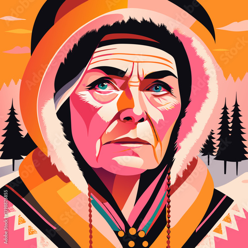 Stylized pop art of elderly Sámi woman in traditional gákti dress and fur-lined hood, with snow forest background. Perfect for arctic heritage projects, cultural festivals, or folk visuals.