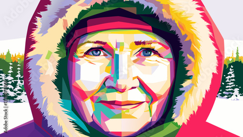 Elderly sami woman in fur-trimmed parka looking directly at camera. Vibrant winter portrait capturing warmth and resilience. Cold climate lifestyle concept, Winter fashion, Outdoor lifestyle, Adventur