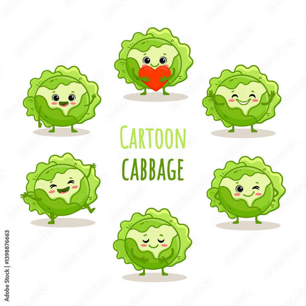 Obraz premium set of cute cartoon cabbage characters with emotions. Cute vegetable with heart isolated on white background. Funny cabbage in different poses. 