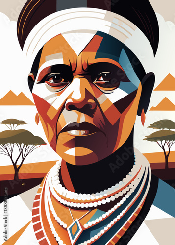 Stylized portrait of elderly Zulu woman in traditional attire and jewelry, shown in bold color palette. Great for African heritage campaigns, culture books, or identity-themed visuals. 