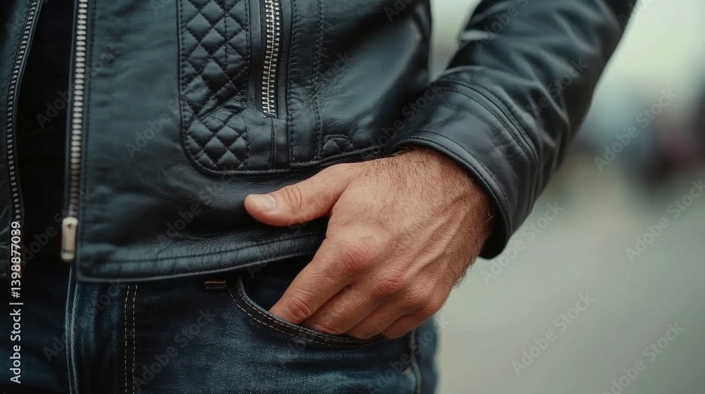 Fototapeta premium A man wearing a black leather jacket and jeans is posing for a picture. He has a hand in his pocket and is looking at the camera. Concept of confidence and style
