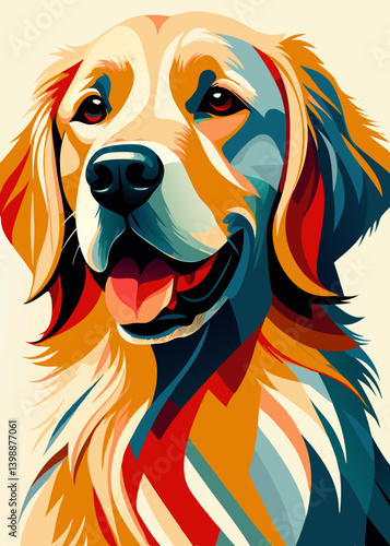 Golden Retriever looking at camera with loyal calm—color block portrait on muted off-white. Concept: vet clinic, dog food branding, family social post.