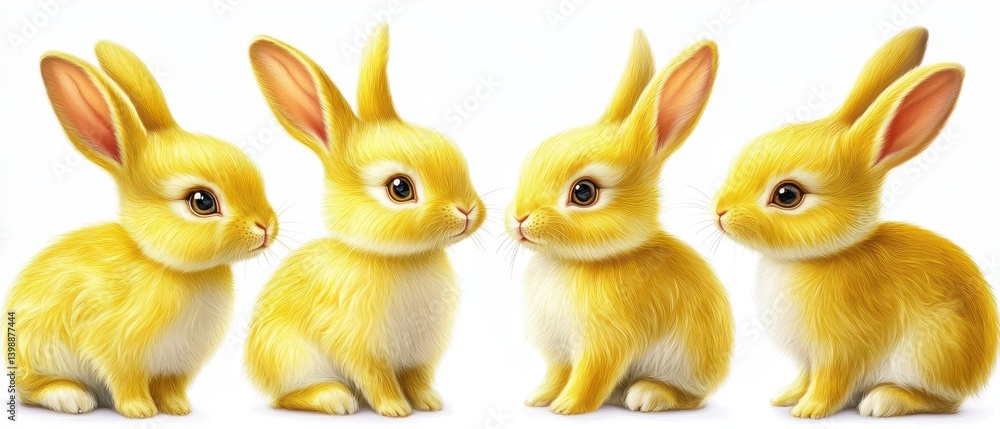 Fototapeta premium Three yellow rabbits sit side by side on a white surface.