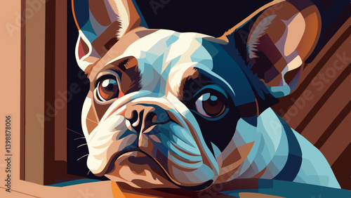 French bulldog sitting on wooden floor with attentive gaze, stylized in bold tones. Concept: dog, pet, bulldog, loyalty, companion, alertness, cute. Used in pet branding, posters, animal welfare, life
