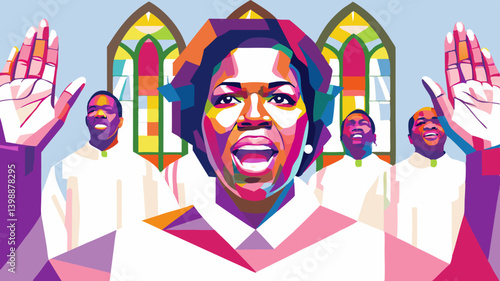 African American gospel choir in vibrant church interior, stylized with raised hands Concept music, spirituality, choir, gospel, worship, unity, culture, church program, music visual, community poster