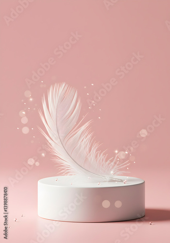 White Feather on Pedestal with Pink Background