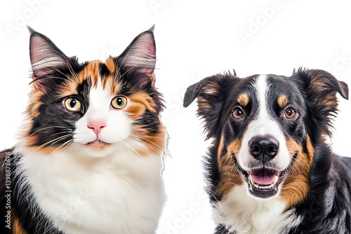 calico cat and a smiling dog both facing the camera against a white background showcasing their distinct features and expressions