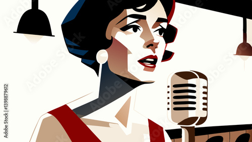 Singer with dark bob hairstyle performing with vintage microphone in red dress. Stylized graphic novel aesthetic captures jazz club atmosphere with hanging lights. Concept: music venues, entertainment