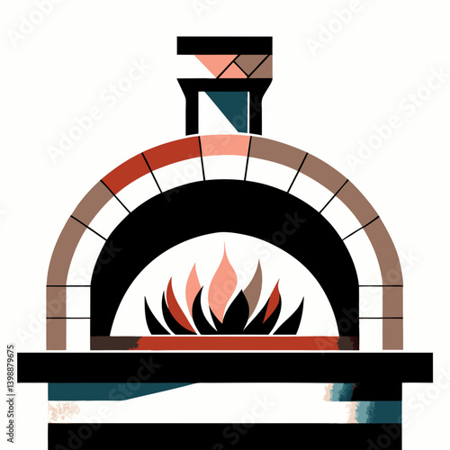 Wood-fired pizza oven with glowing orange-pink flames inside brick structure. Stylized geometric illustration captures warmth and culinary tradition. Concept: restaurants, cooking schools, Italian cui