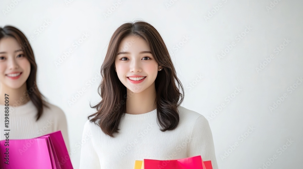 Smiling Woman Shopping Bags Bright Minimalist Style High-Resolution Soft Lighting Portrait Close-up View Happy Customer Experience White Background Pastel Tones Ideal for Retail Ads Smiling Woman Shopping Bags Bright Minimalist Style High-Resolution Soft Lighting Portrait Close-up View Happy Customer Experience White Background Pastel Tones Ideal for Retail Ads