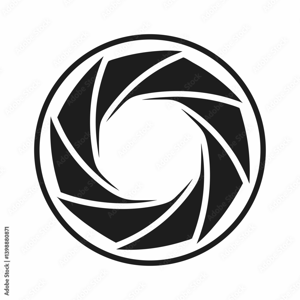 Camera aperture depicted in clean black and white. Simple, bold design of iris diaphragm with adjustable blades controlling light. Concept: photography studio, film production, creative agency, logo Camera aperture depicted in clean black and white. Simple, bold design of iris diaphragm with adjustable blades controlling light. Concept: photography studio, film production, creative agency, logo