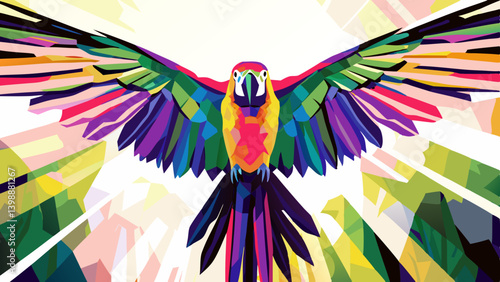 Vibrant macaw soars with dynamic energy. Geometric shapes create abstract effect with saturated rainbow colors against radiating background. Concept: creative agency, children's book, art education.
