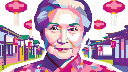 Elderly Chinese woman in traditional clothing with festive background. Streetscape features lanterns and architecture conveying cultural pride and respect. Concept cultural heritage, tourism promotion