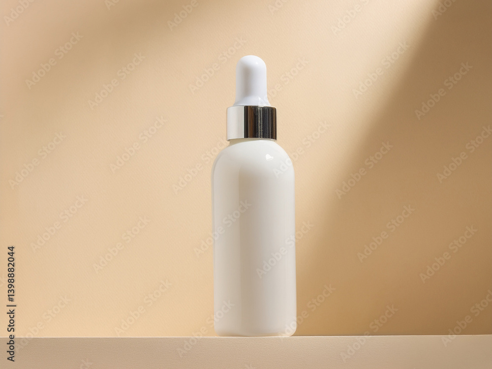 Barbering hairstyling tincture, beautician, manicure formula; white silver unlabeled dropper bottle; isolated product mock-up; neutral color daytime bright top filtered lighting Barbering hairstyling tincture, beautician, manicure formula; white silver unlabeled dropper bottle; isolated product mock-up; neutral color daytime bright top filtered lighting