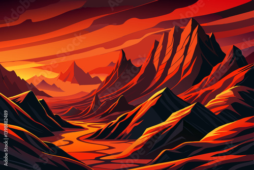 mountain slope covered in saturated red and black layers, glowing under a burnt orange sky, mountain landscape with lava tone
