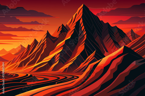 mountain slope covered in saturated red and black layers, glowing under a burnt orange sky, mountain landscape with lava tone