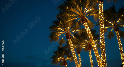 Cluster of decorated palm trees illuminated with warm fairy lights against a deep blue twilight sky, creating a whimsical and festive atmosphere