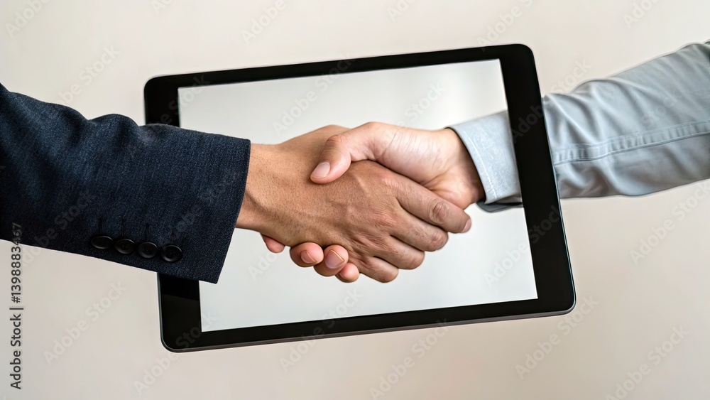 Handshake through a digital tablet representing connection and partnership. Handshake through a digital tablet representing connection and partnership.