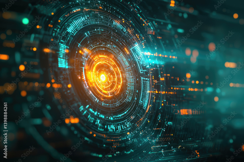 Fototapeta premium Abstract digital art depicting a futuristic technological interface with glowing orange and teal concentric circles.