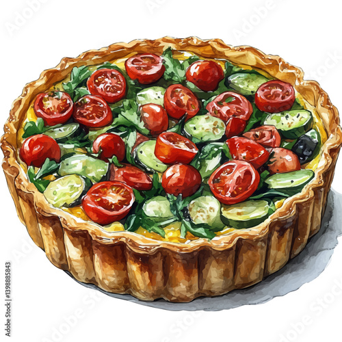 Quiche Lorraine, vector watercolor illustration, isolated on a white background.