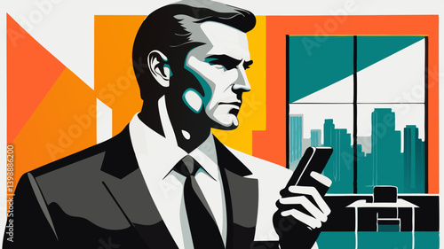 Serious businessman portrait against city backdrop. Man in suit holds device, conveying professionalism and focus. Concept: Corporate communication, business technology, urban lifestyle.