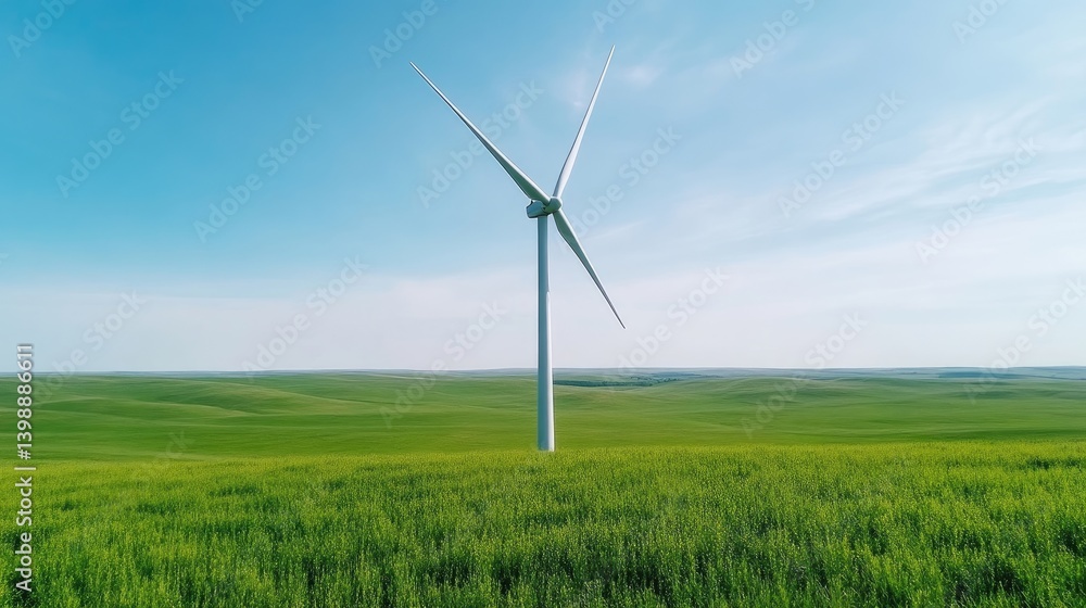 Wind turbine in a vibrant green field under a clear blue sky. Vast landscape Wind turbine in a vibrant green field under a clear blue sky. Vast landscape