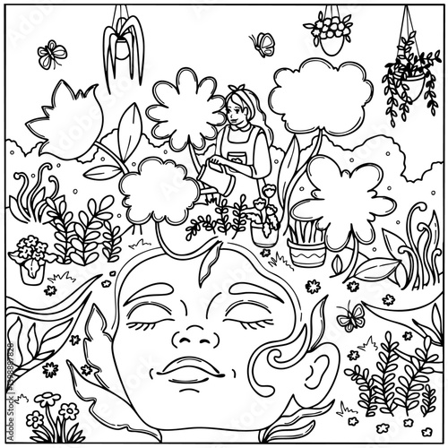 Wallpaper Mural Vector Coloring  page symbolizing mental health as a garden. Female waters blooming plants growing from a serene face, representing inner peace, self-care, and emotional growth through nature. Torontodigital.ca