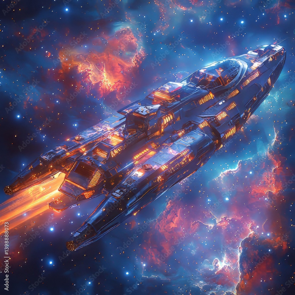 Sci-fi spaceship soaring through cosmic nebula futuristic generative ai illustration Sci-fi spaceship soaring through cosmic nebula futuristic generative ai illustration