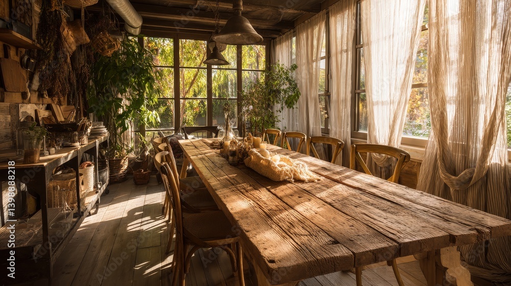 Rustic farmhouse dining room with natural view - generative ai illustration Rustic farmhouse dining room with natural view - generative ai illustration