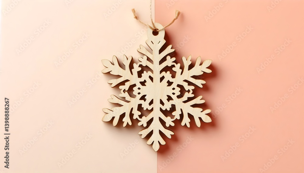 Wooden snowflake ornament with cut-out design and natural grain texture isolated on soft pastel background Wooden snowflake ornament with cut-out design and natural grain texture isolated on soft pastel background