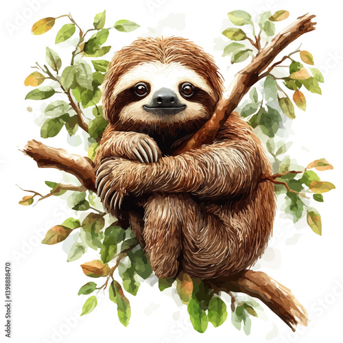 illustration of Pygmy Three-toed Sloth, watercolor vector, isolated on a white background.