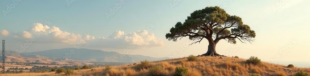 Ancient oak tree isolated on a barren hilltop, foliage, solitude, landscape Ancient oak tree isolated on a barren hilltop, foliage, solitude, landscape