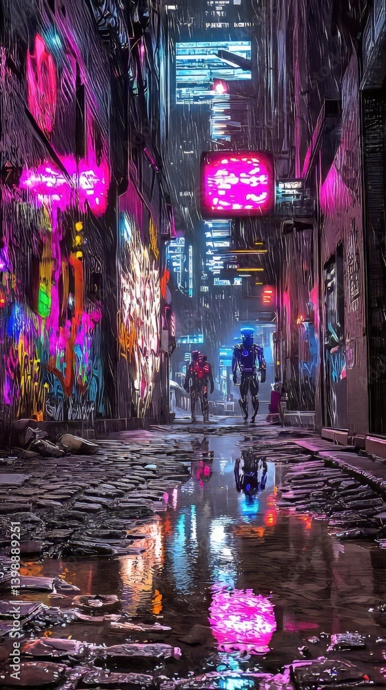 Fototapeta premium Cyberpunk city alley neon reflections and silhouettes, futuristic urban scene