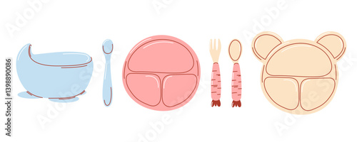 Set of baby silicone dining items for first feeding. Plate with suction cups, thermo spoon and fork for little girl and boy. Top and side view. Cutlery for kid, children. Isolated white background.