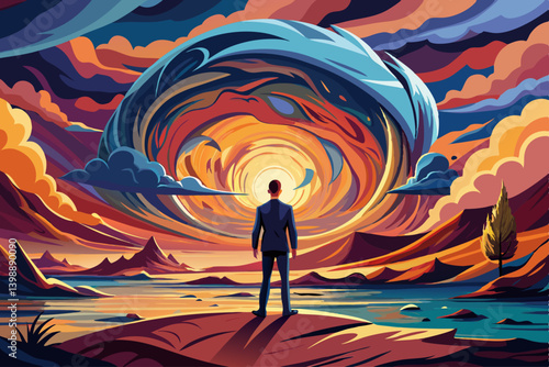 vector of A man stands in front of a large storm wave on an abstract background of the sunset sky.