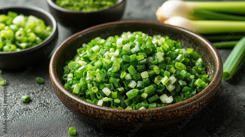 Freshly chopped green onions in a bowl. Small, diced pieces. Ready for use in cooking Freshly chopped green onions in a bowl. Small, diced pieces. Ready for use in cooking