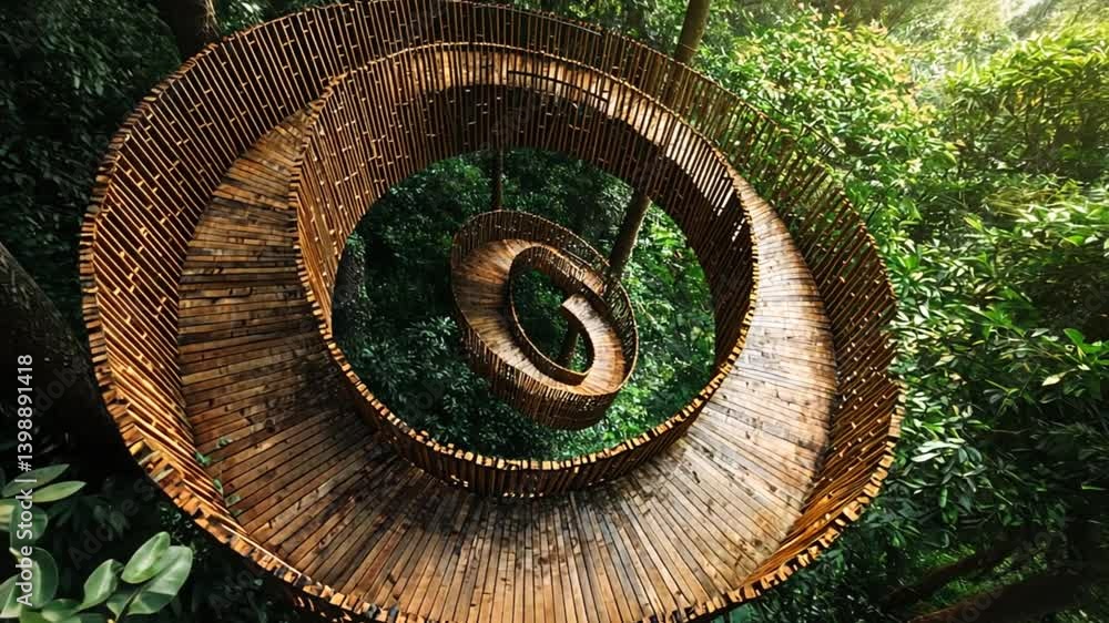 A spiraling bamboo staircase amidst lush green forest, inviting exploration and tranquility A spiraling bamboo staircase amidst lush green forest, inviting exploration and tranquility