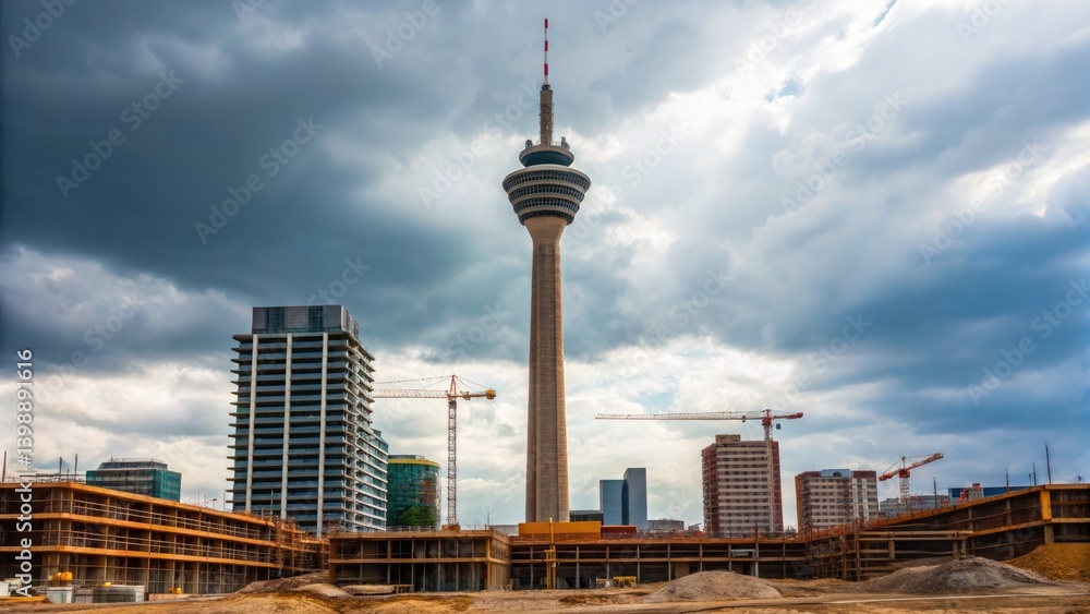 cityscape concept Urban construction scene with a tower and buildings under cloudy skies. cityscape concept Urban construction scene with a tower and buildings under cloudy skies.