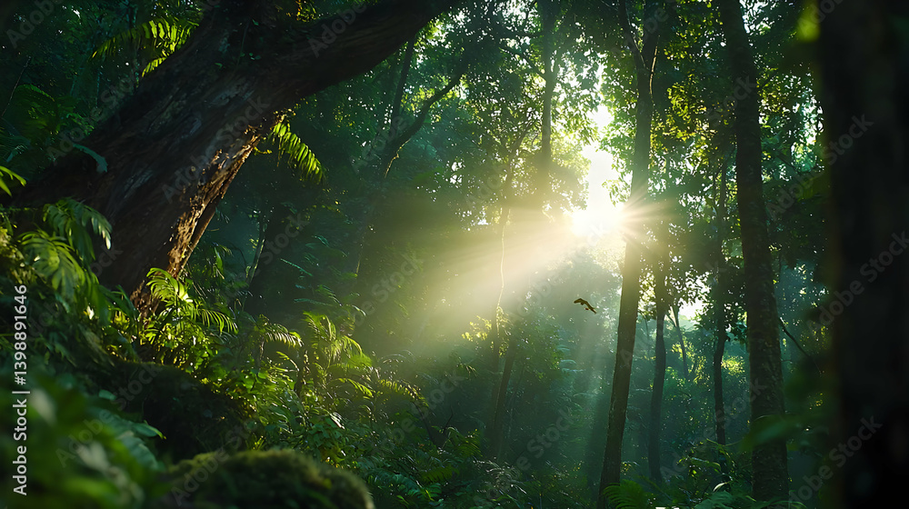 Obraz premium Sunlight Streams Through Lush Green Forest Canopy