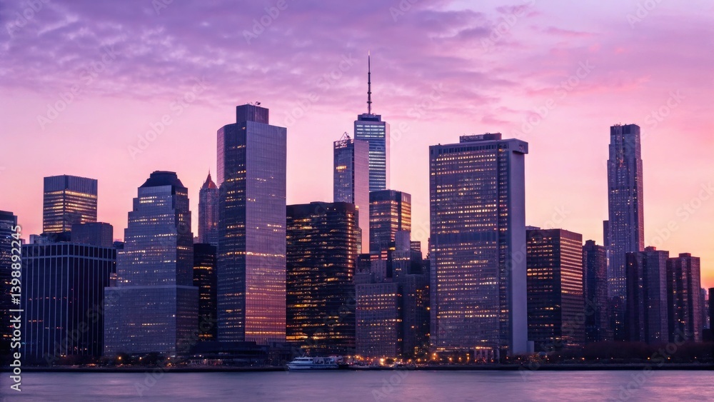 Fototapeta premium cityscape concept City skyline at sunset with vibrant colors and reflections on water.