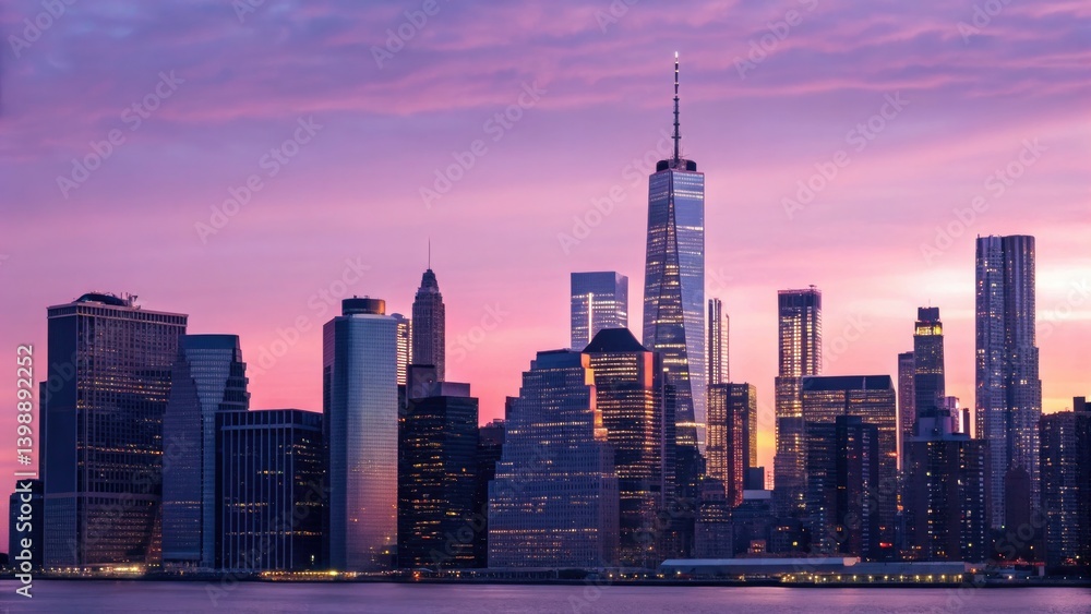 Naklejka premium cityscape concept City skyline at sunset with vibrant purple and pink hues.