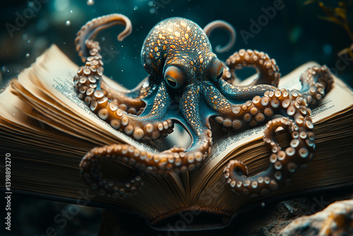 Wallpaper Mural Octopus explores an open book in an underwater setting Torontodigital.ca