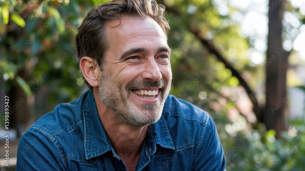 Smiling middle-aged Caucasian man in denim, enjoying a sunny day outdoors. Smiling middle-aged Caucasian man in denim, enjoying a sunny day outdoors.