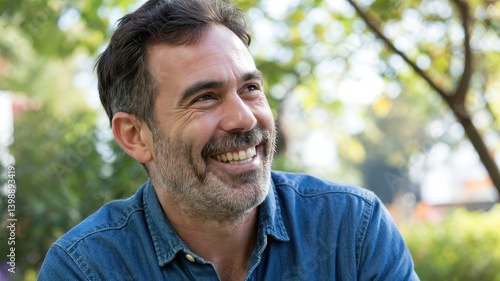 Smiling middle-aged man with a beard enjoying a sunny day in a garden.